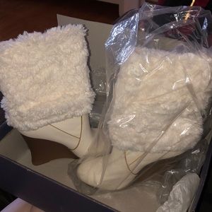 Jennifer Lopez white faux fur boots
